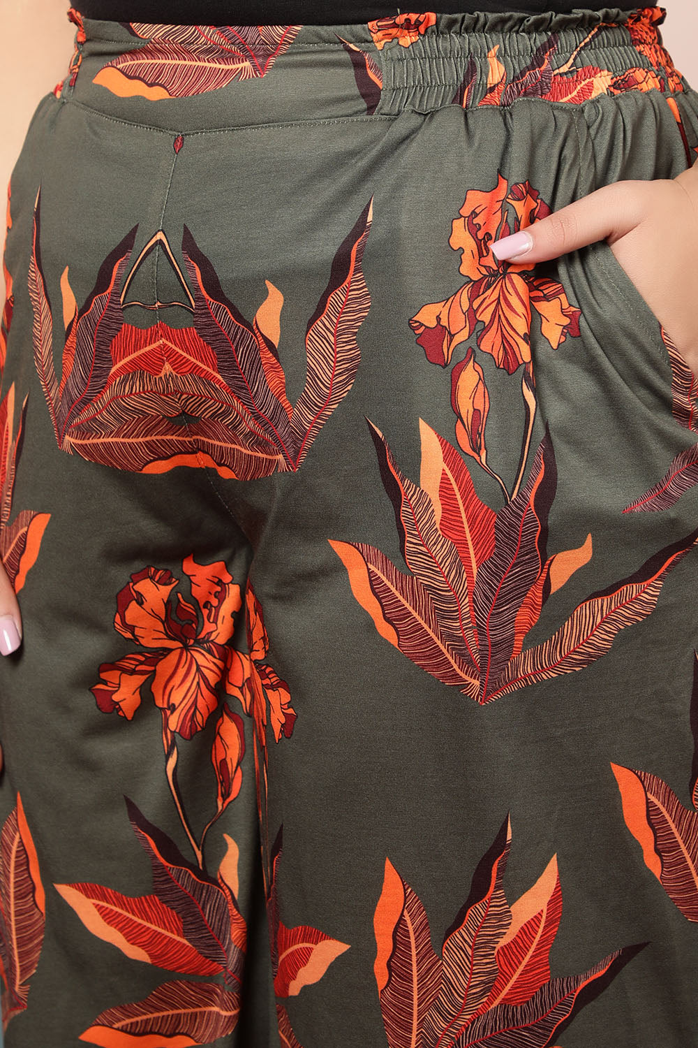 Comfortable Plus Size Marsh Green Leaf Print High Waist Pants