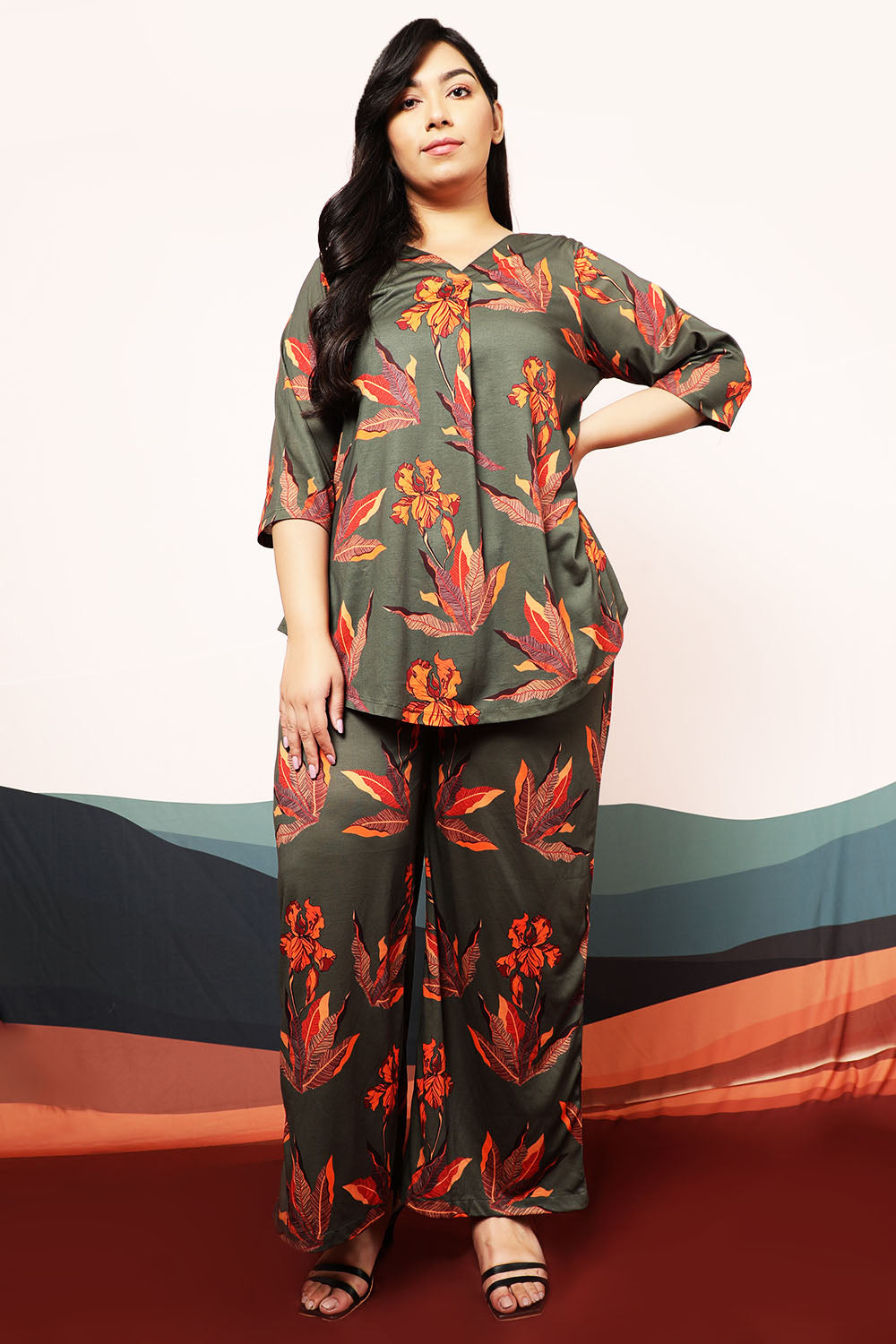 Buy Plus Size Marsh Green Leaf Print High Waist Pants
