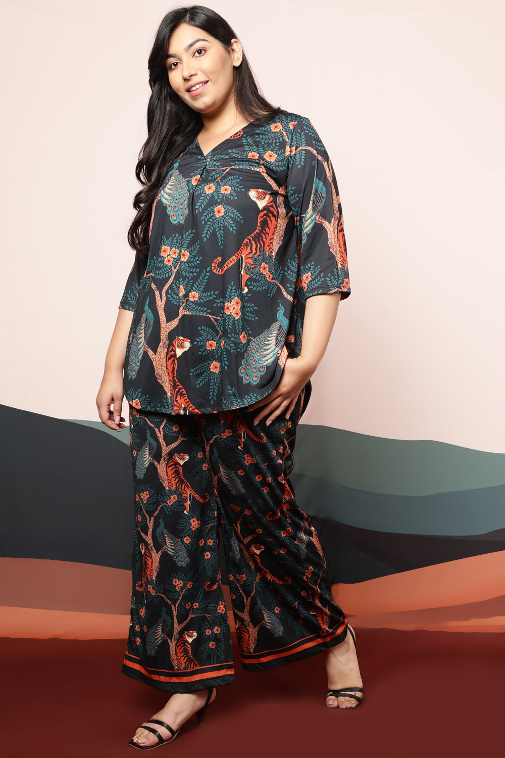 Buy Plus Size Jungle Print High Waist Pants