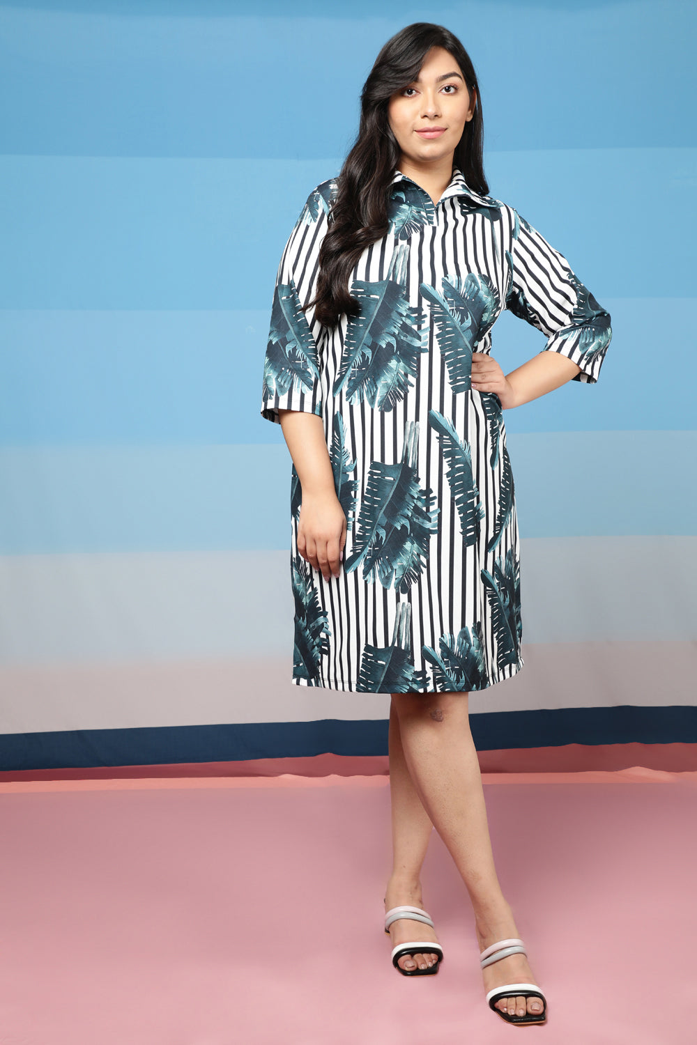 Plus Size Tropical Stripes Shirt Dress