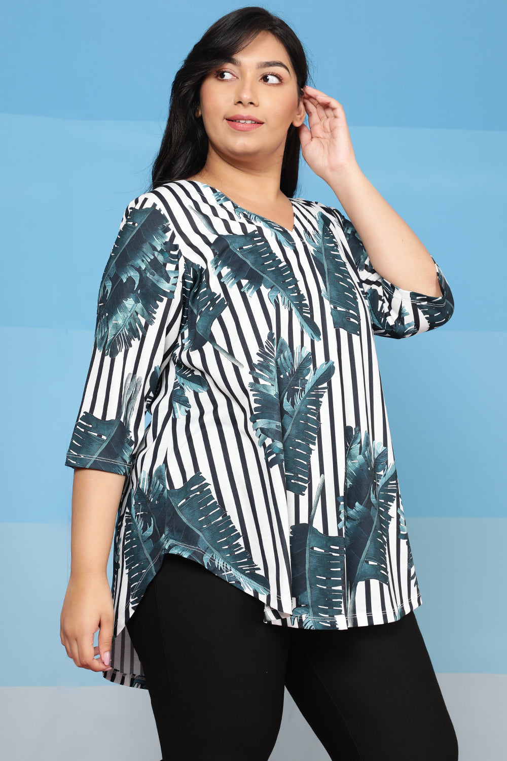 Plus Size Tropical Stripes Centre Pleat Top for Women