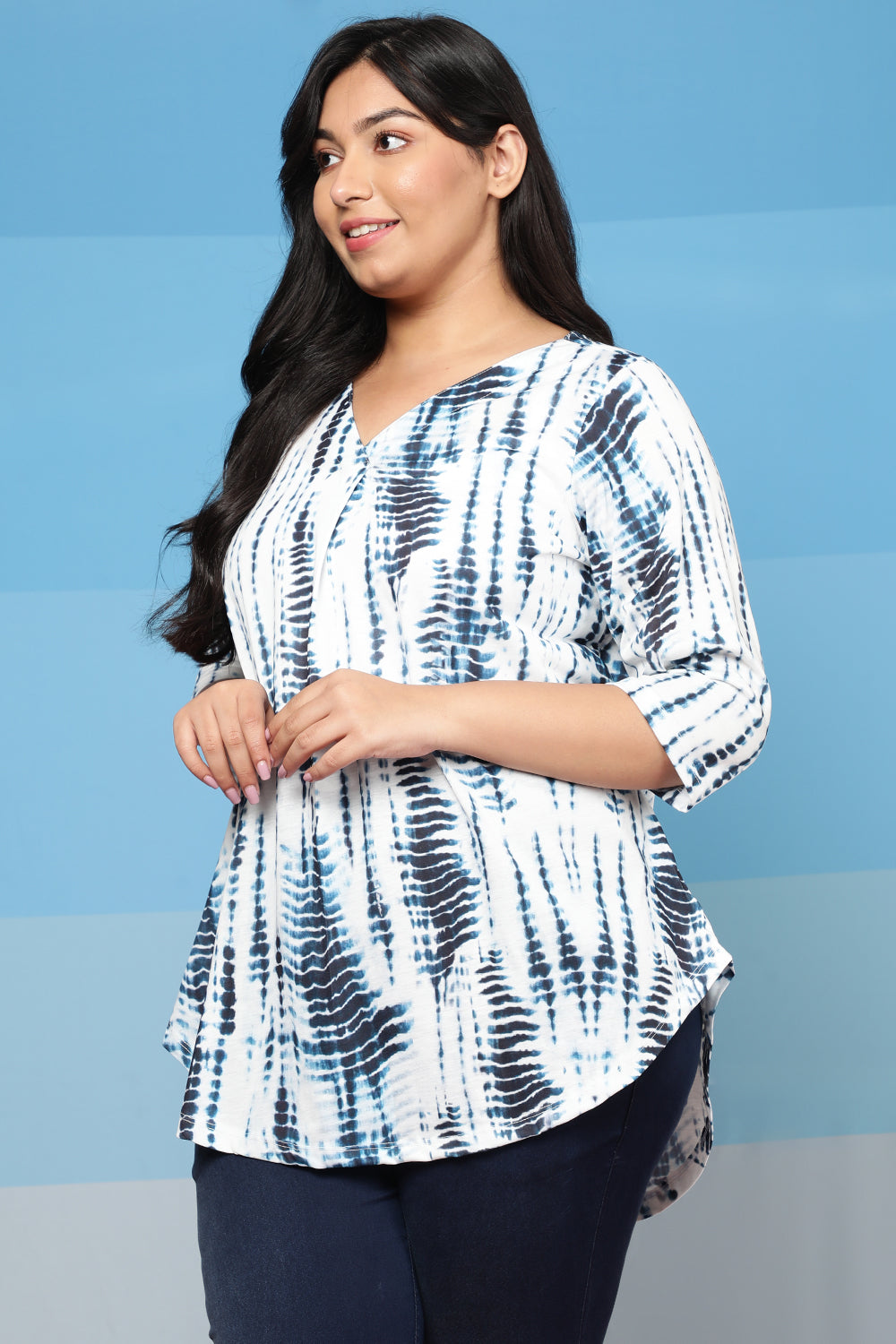 Plus Size Indigo Tie Dye Centre Pleat Top for Women