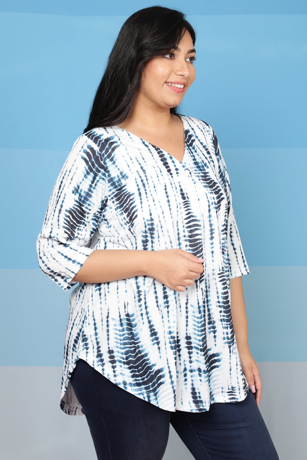 Comfortable Plus Size Indigo Tie Dye Centre Pleat Top