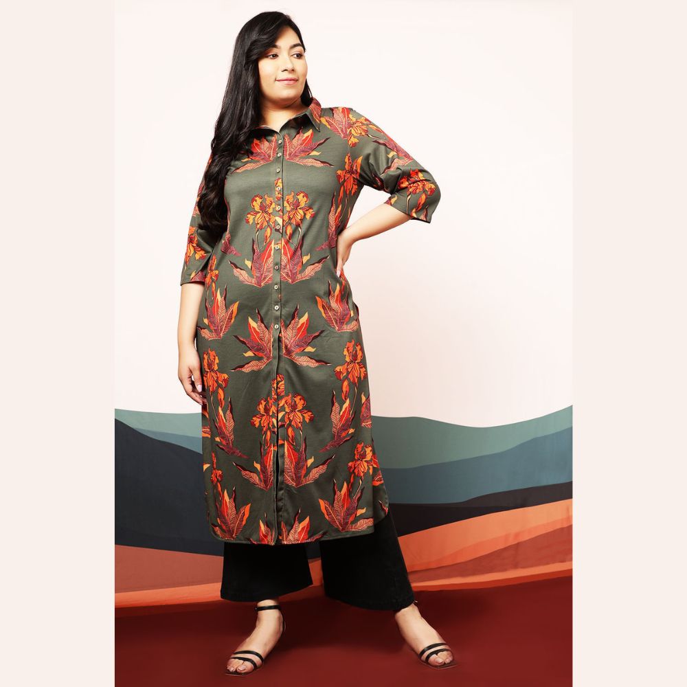 Marsh Green Leaf Print Kurta cum Shrug