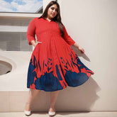 Plus Size Red Floral Printed Crepe Shirt Dress