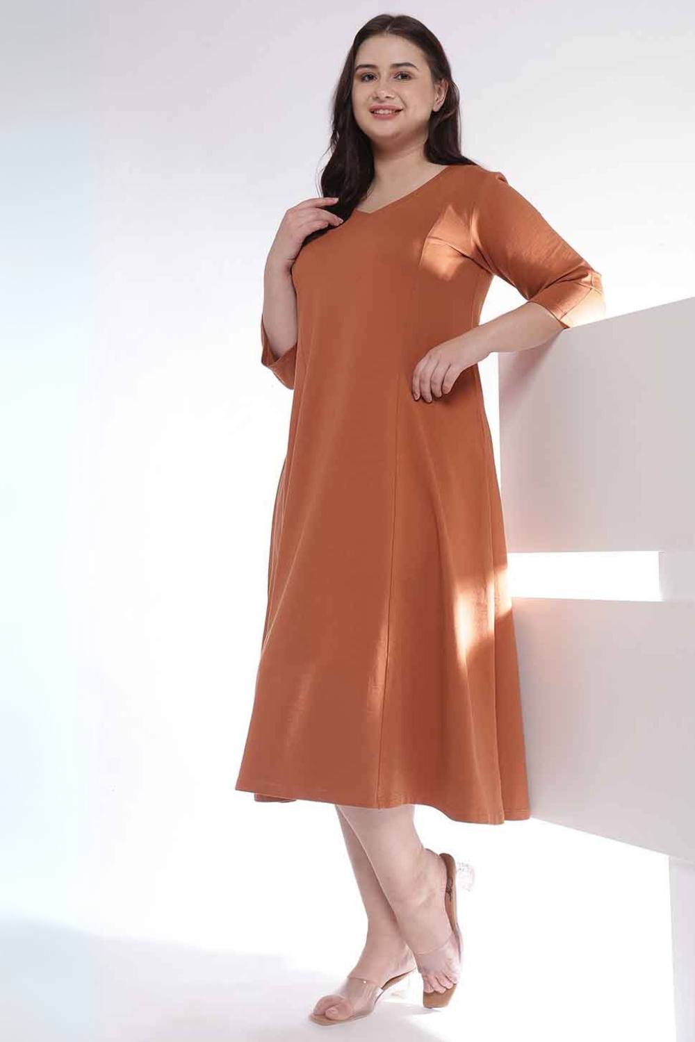 Comfortable Plus Size Rust Orange A-Line Cotton Dress