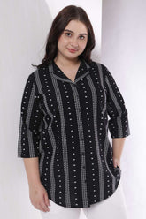 Plus Size Black Weave Work Cuban Collar Cotton Shirt
