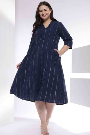 Plus Size Dark Blue Weave Work Cotton Midi Dress
