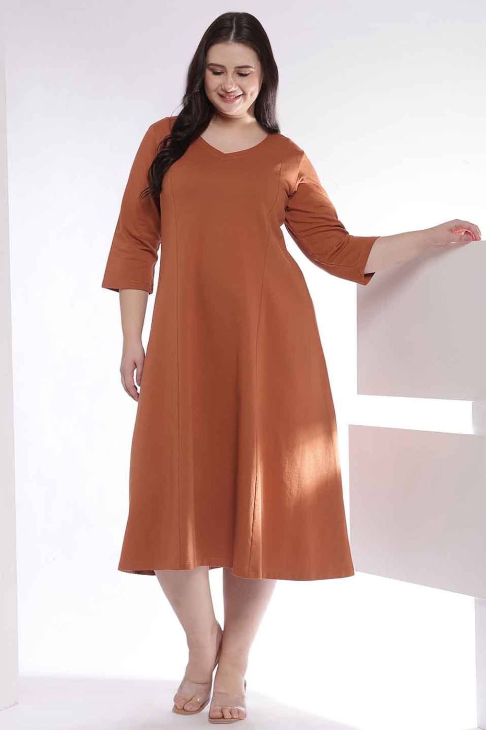 Plus Size Rust Orange A-Line Cotton Dress