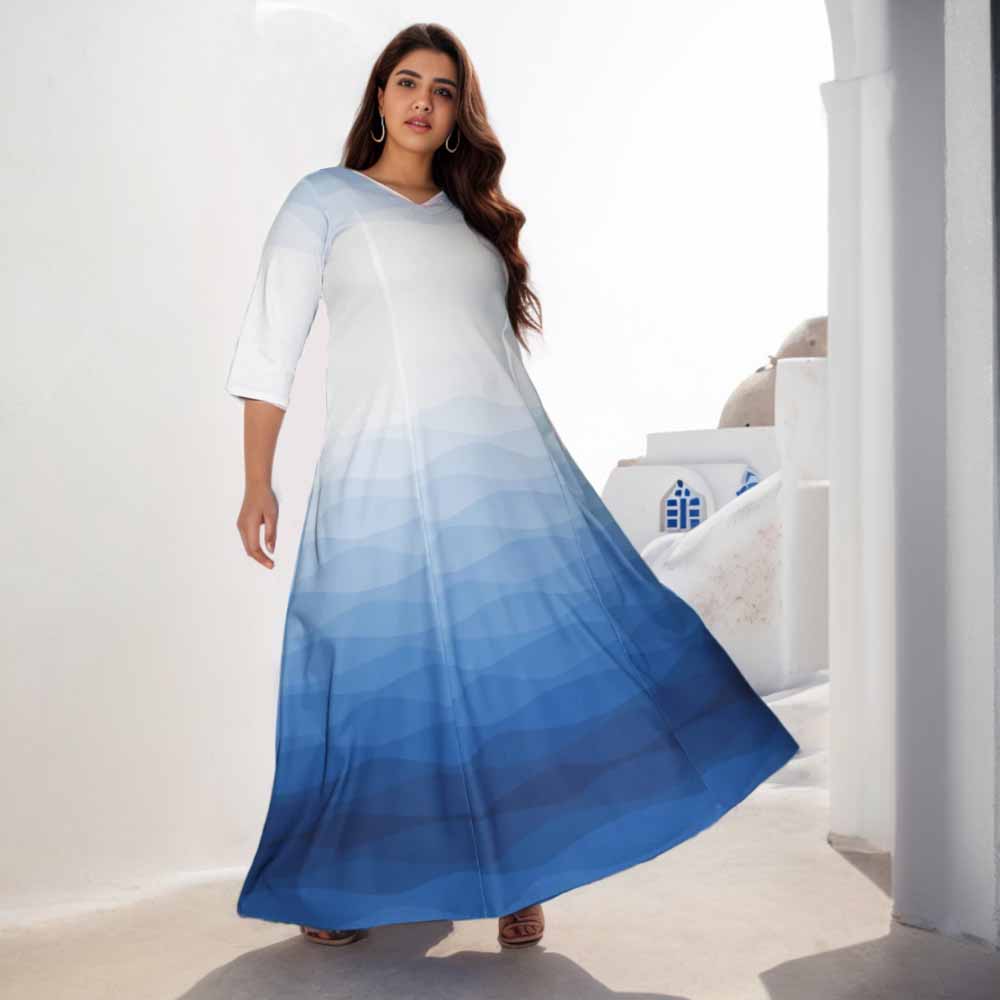 Comfortable White Blue Maxi Dress For Plus Size