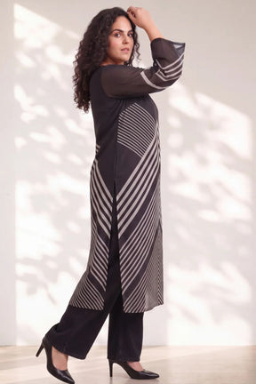 Plus Size Black Chevron Stripes Print Satin Georgette Kurta