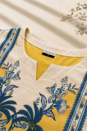Plus Size Yellow Floral Print Cotton Kurta Coord Set