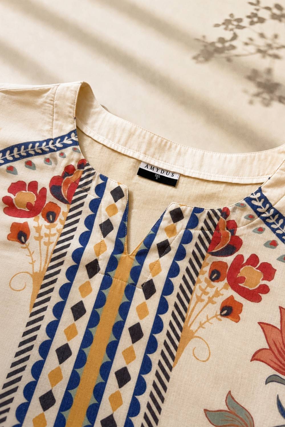 Plus Size Beige Ethnic Floral Print Cotton Kurta Coord Set
