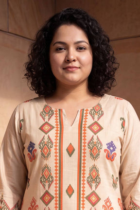 Plus Size Beige Ethnic Border Print Cotton Kurta Coord Set
