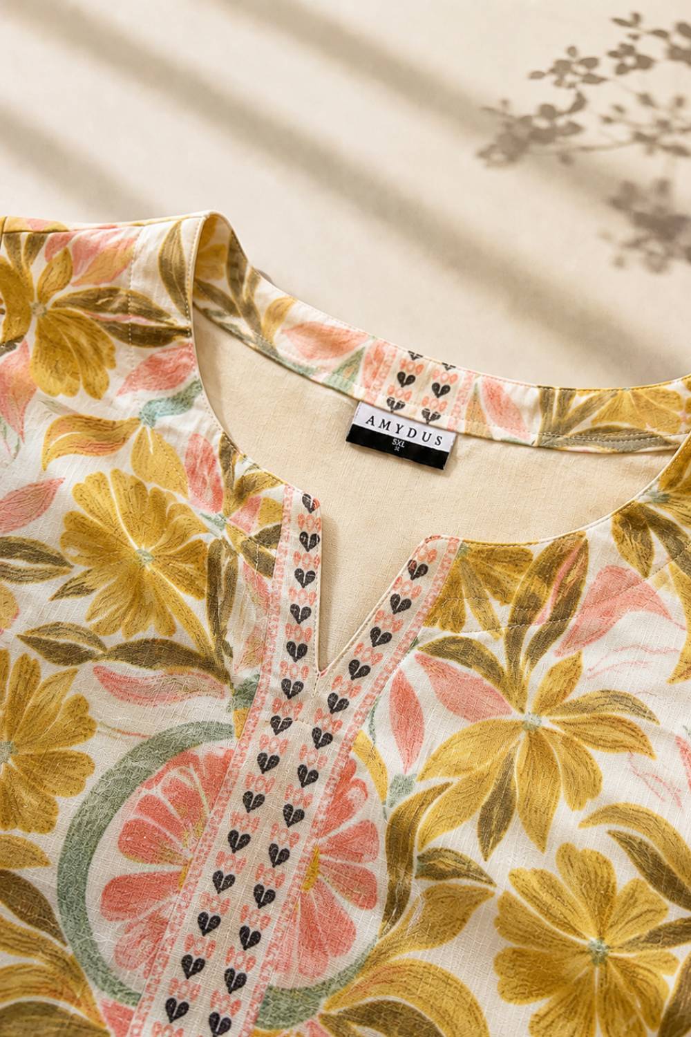 Plus Size Beige Floral Geometric Print Cotton Kurta Coord Set