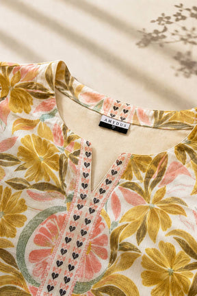 Plus Size Beige Floral Geometric Print Cotton Kurta Coord Set