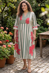 Plus Size Green Stripe Floral Print Cotton Midi Dress