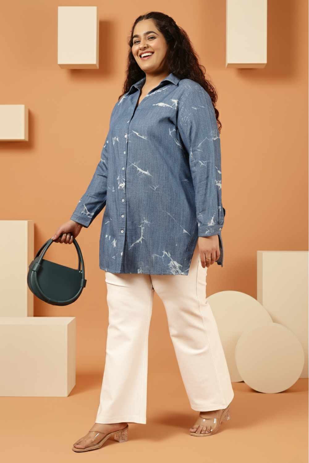 Plus Size Plus Size Blue Marble Print Denim High Slit Longline Shirt