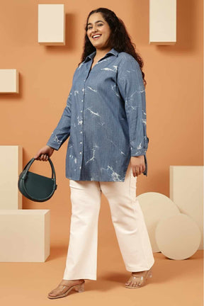 Plus Size Blue Marble Print Denim High Slit Longline Shirt