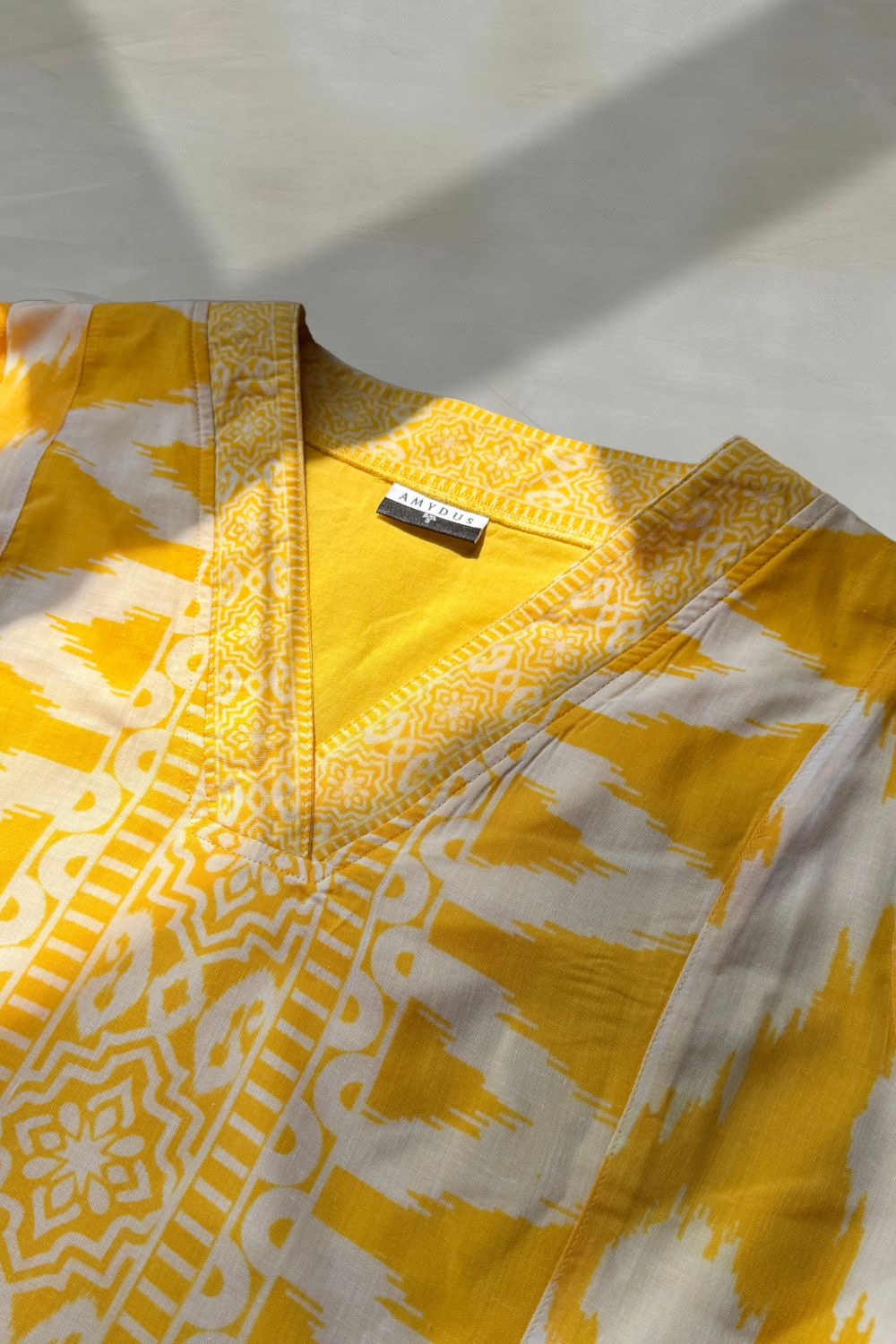Plus Size Yellow Ikat Print Cotton Midi Dress
