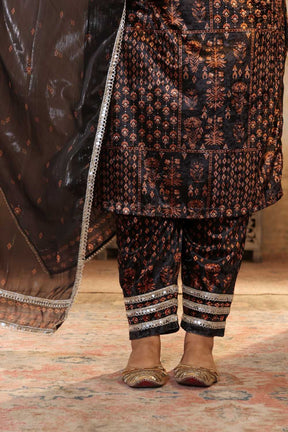 Plus Size Black Ethnic Printed Velvet Suit Set