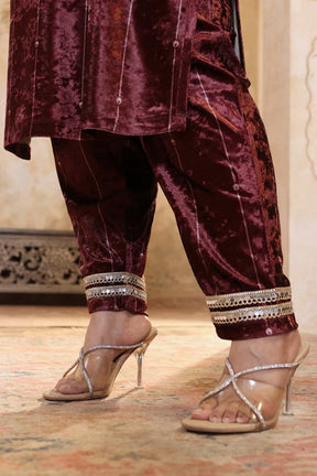 Plus Size Purple Print Velvet V Neck Suit Set