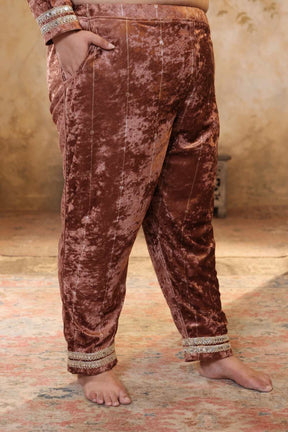 Plus Size Mocha Brown Velvet V Neck Suit Set