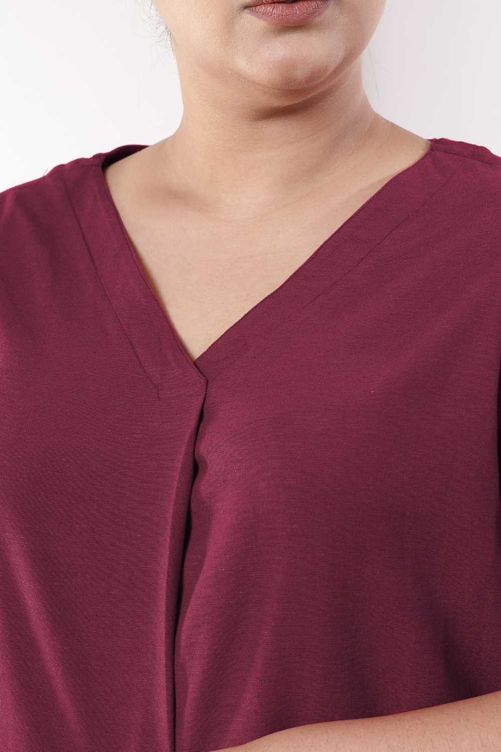Plus Size Wine V-Neck Cotton Linen Top for Women