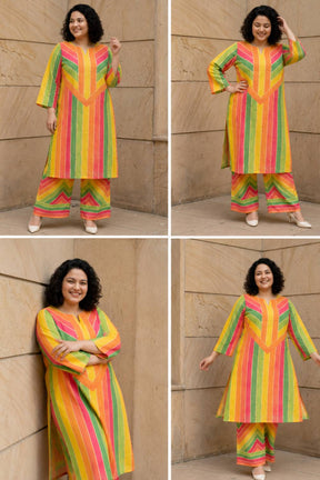 Plus Size Multicolor Abstract Print Cotton Kurta Coord Set