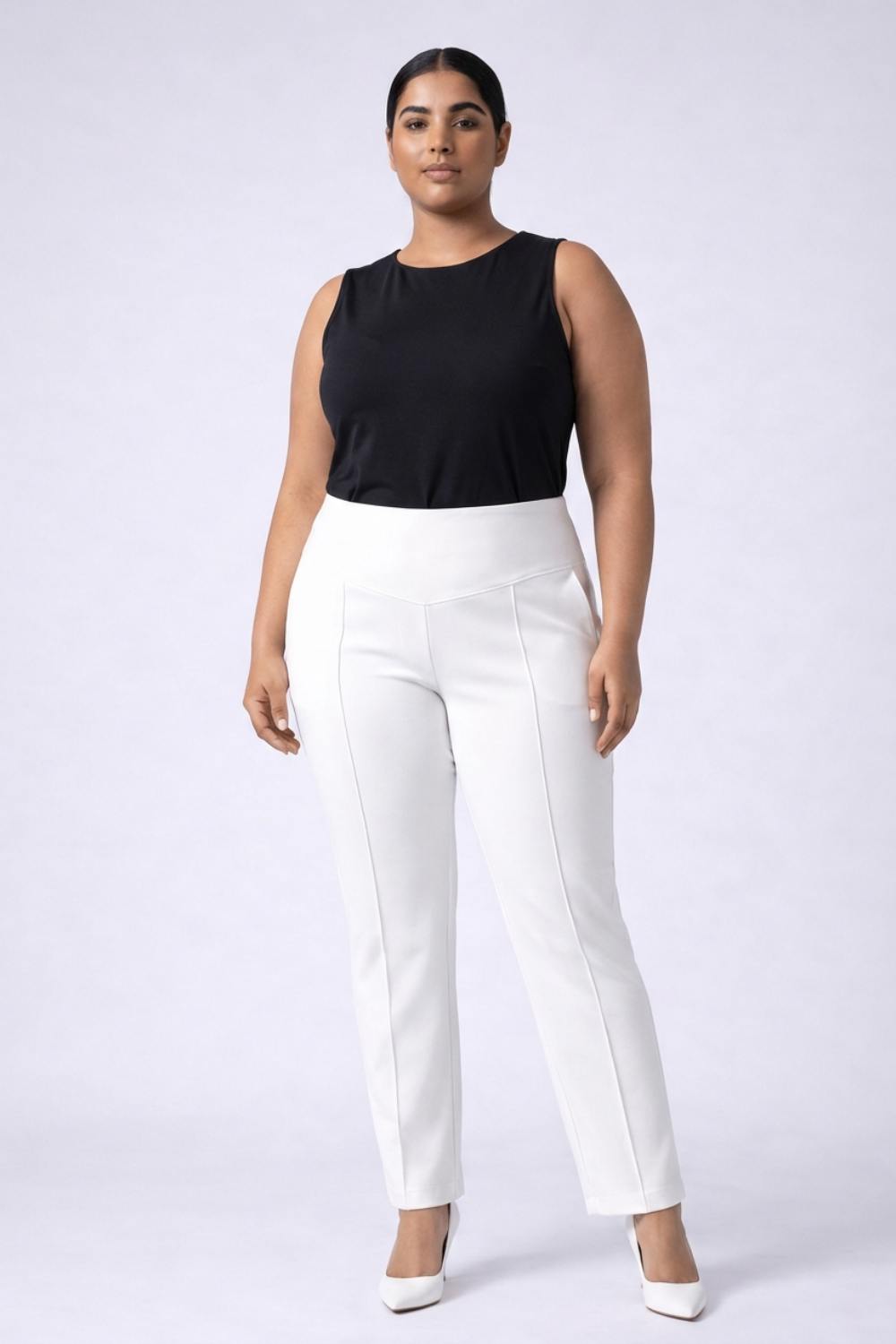 Plus Size White Tummy Shaper Straight Fit Pants