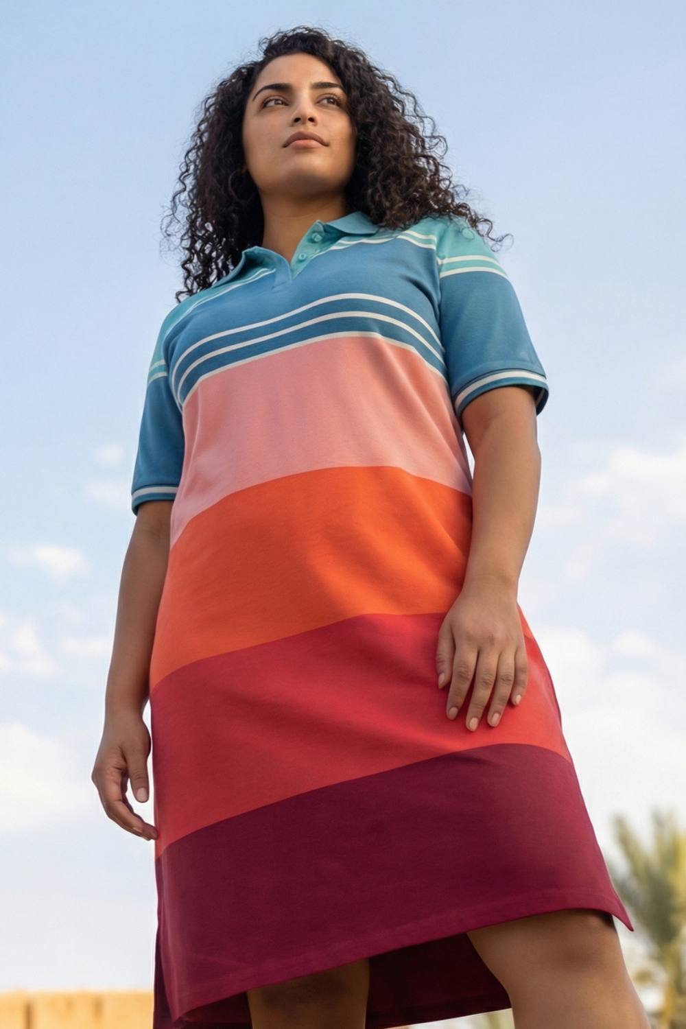 Plus Size Color Block Printed Polo Dress