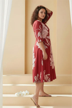 Plus Size Red White Tropical Print A line Dress