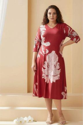 Plus Size Red White Tropical Print A line Dress