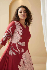 Plus Size Red White Tropical Print A line Dress