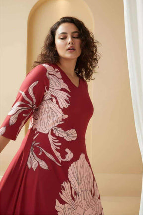 Plus Size Red White Tropical Print A line Dress