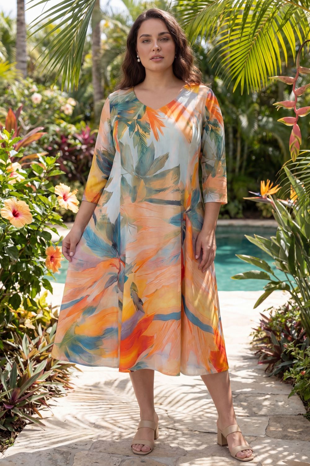 Plus Size Artistic Floral Printed A-Line Dress