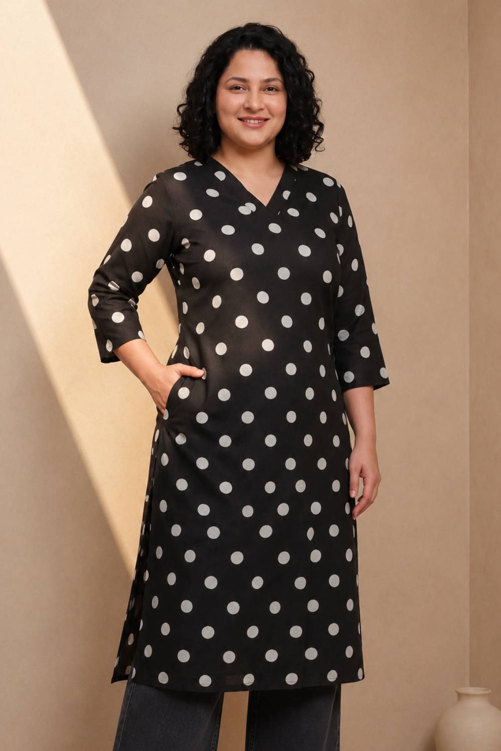 Plus Size Black Polka Print Rayon V Neck Kurta