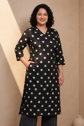Plus Size Black Polka Print Rayon V Neck Kurta
