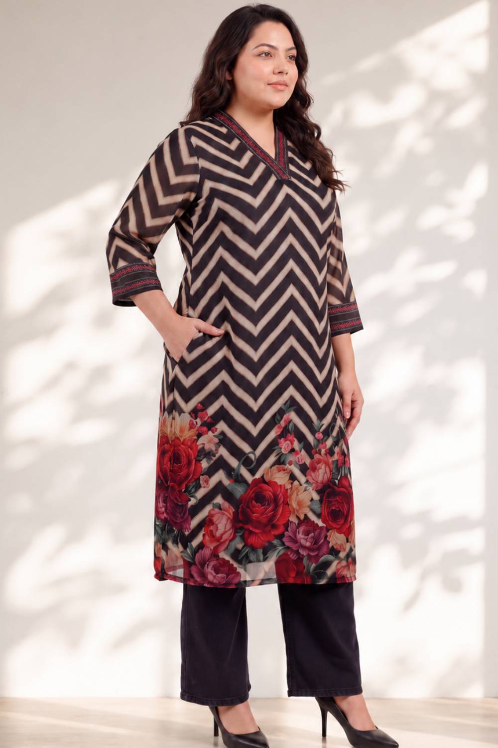Plus Size Plus Size Black Rose Chevron Print Kurta Satin Georgette Kurta