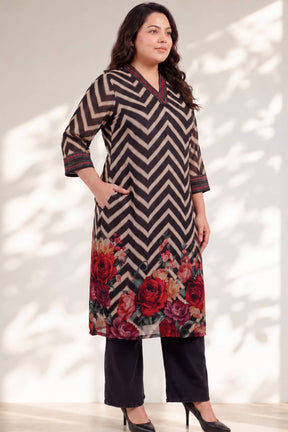 Plus Size Black Rose Chevron Print Kurta Satin Georgette Kurta