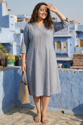 Plus Size Blue Chambray Pinstripe Midi Dress