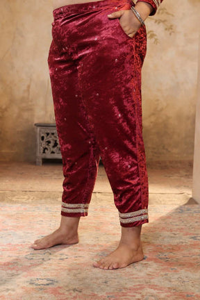 Plus Size Maroon Print Velvet V Neck Suit Set