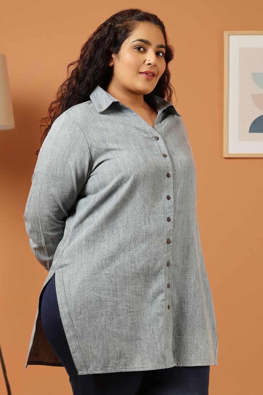 Plus Size Tort Blue Denim High Slit Longline Shirt
