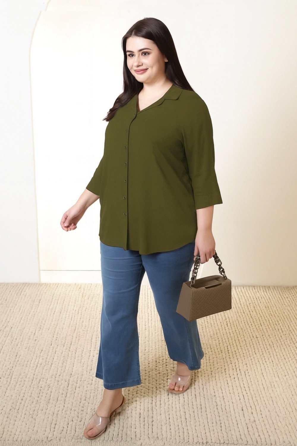 Plus Size Olive Green Cotton Linen Cuban Collar Shirt