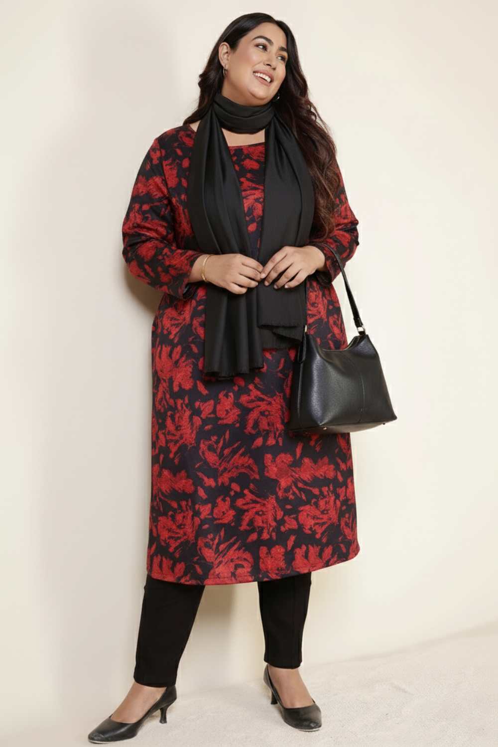 Plus Size Red Floral Round Neck SnugWeave™ Winter Kurta