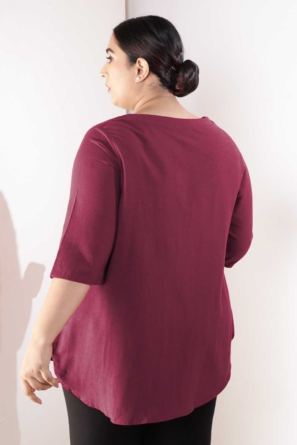 Comfortable Plus Size Wine V-Neck Cotton Linen Top