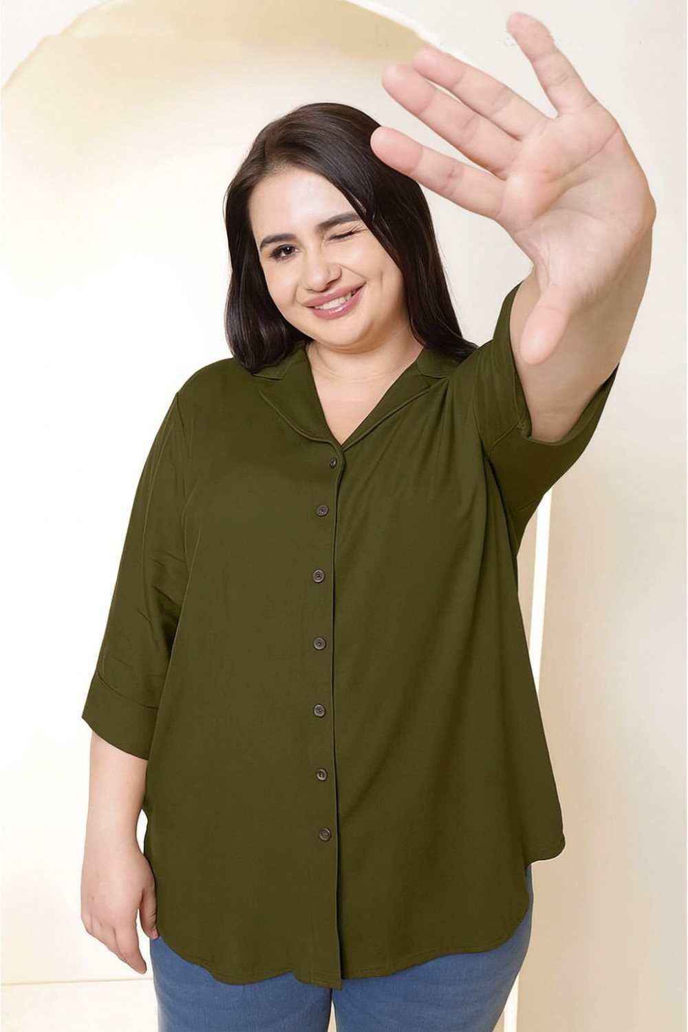 Plus Size Olive Green Cotton Linen Cuban Collar Shirt
