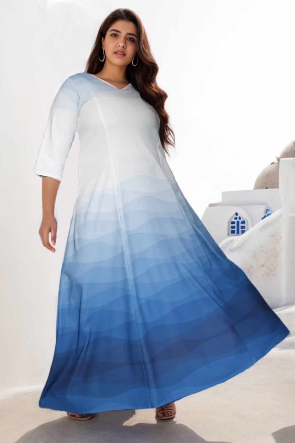 White Blue Maxi Dress For Plus Size