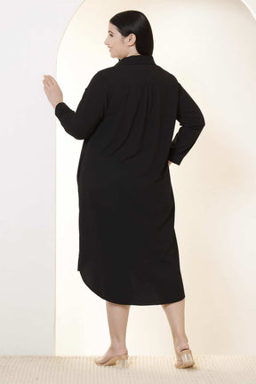 Plus Size Black Cotton Linen Shirt Dress