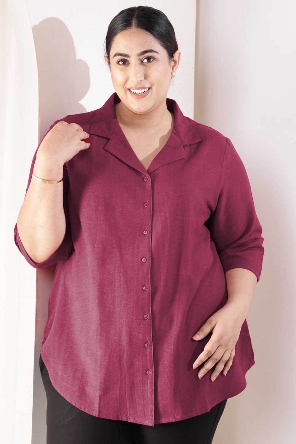 Plus Size Plus Size Wine Cotton Linen Cuban Collar Shirt